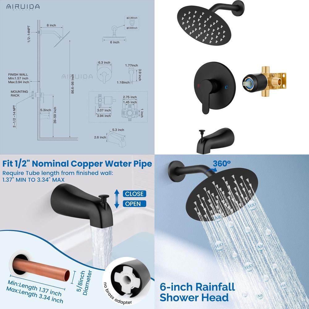 Shower Head Rain - 6-Inch Matte Black Tub Spout with